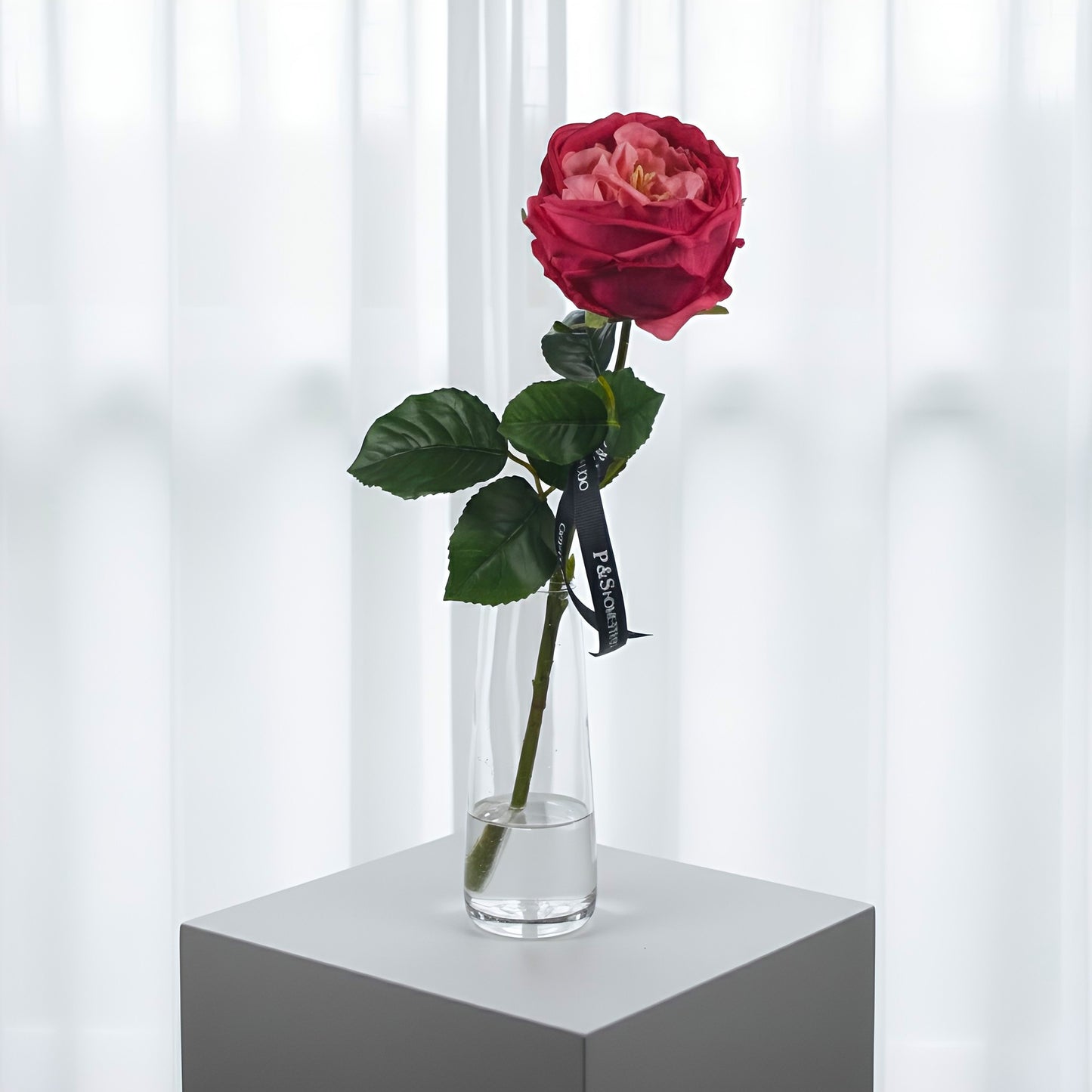 Single red rose in a clear vase on a white pedestal with a white curtain background