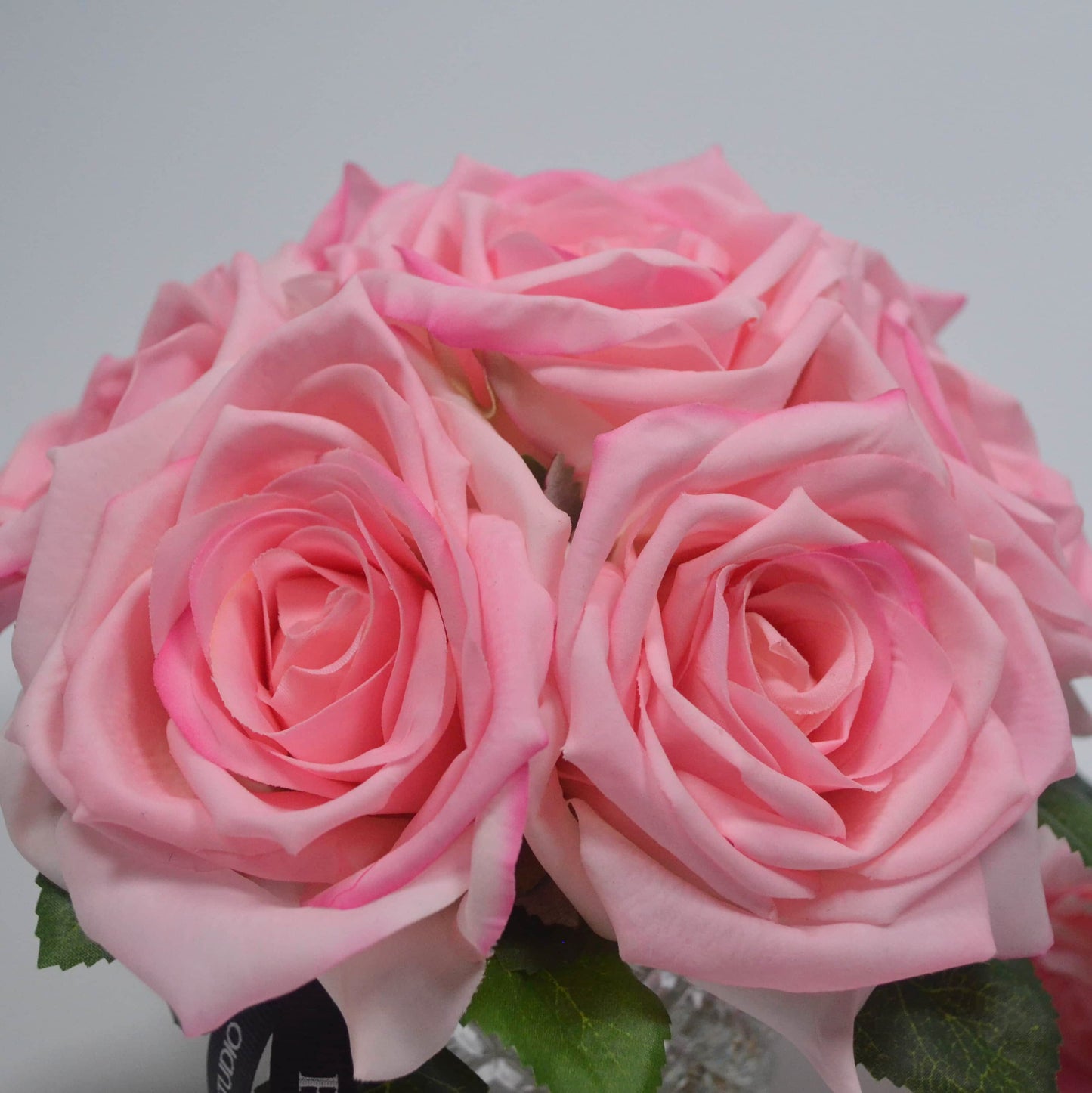 Bouquet of onion pink roses on a light gray background