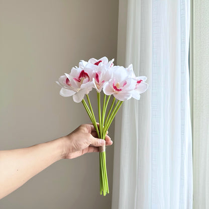 White Cymbidium Orchid Artificial Flower Bunch 12 Stems Hand Tied.