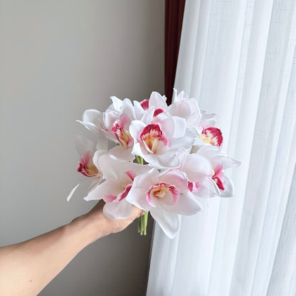 White Cymbidium Orchid Artificial Flower Bunch 12 Stems Hand Tied.
