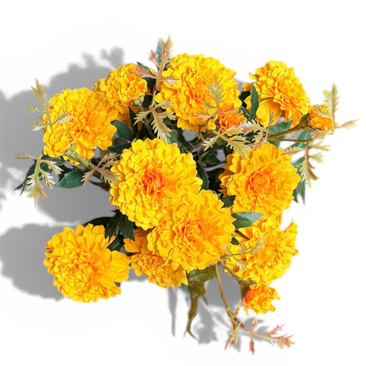 Bouquet of yellow flowers with green leaves on a white background