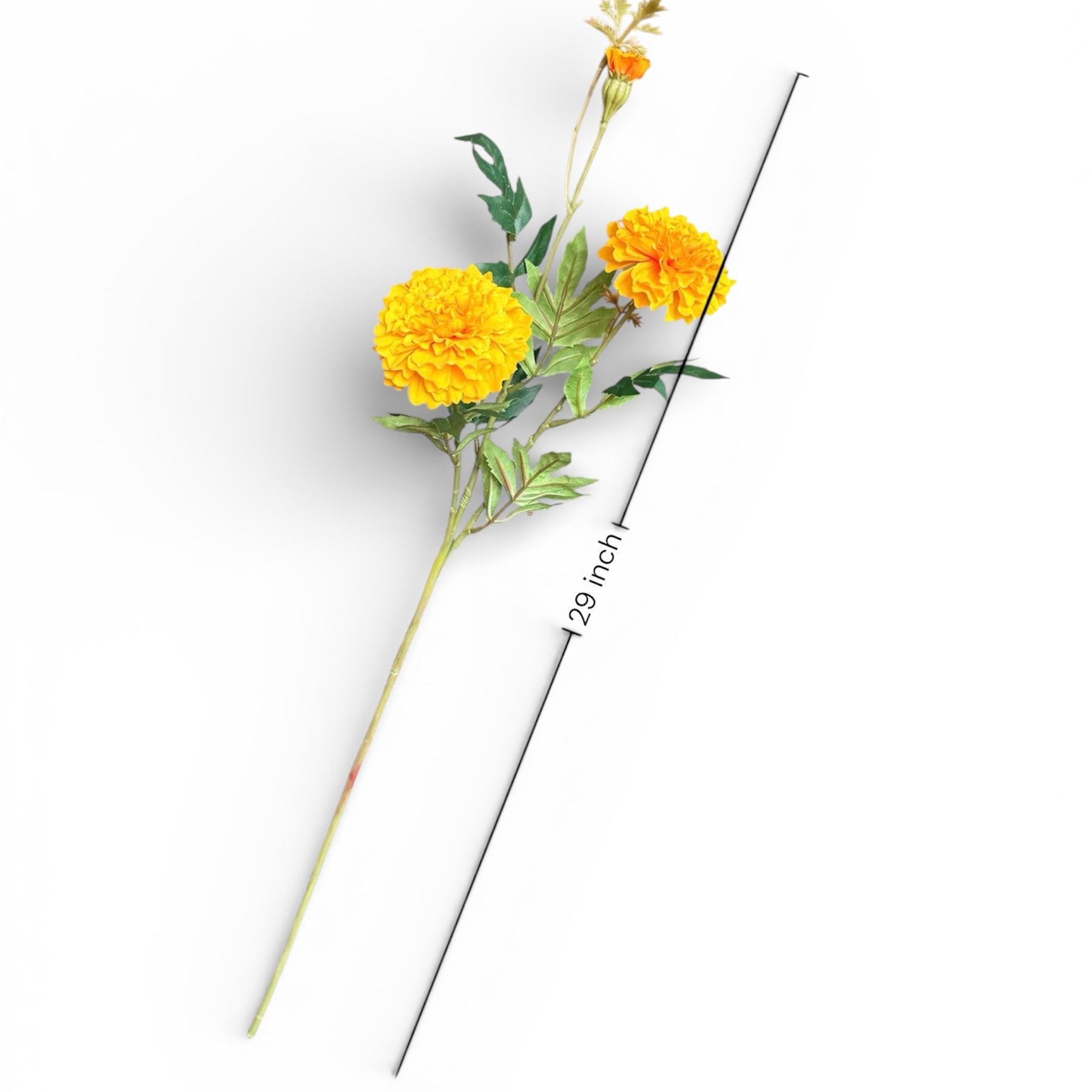 Artificial flower arrangement with yellow marigold flowers on a white background, showing measurement details.