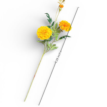 Artificial flower arrangement with yellow marigold flowers on a white background, showing measurement details.