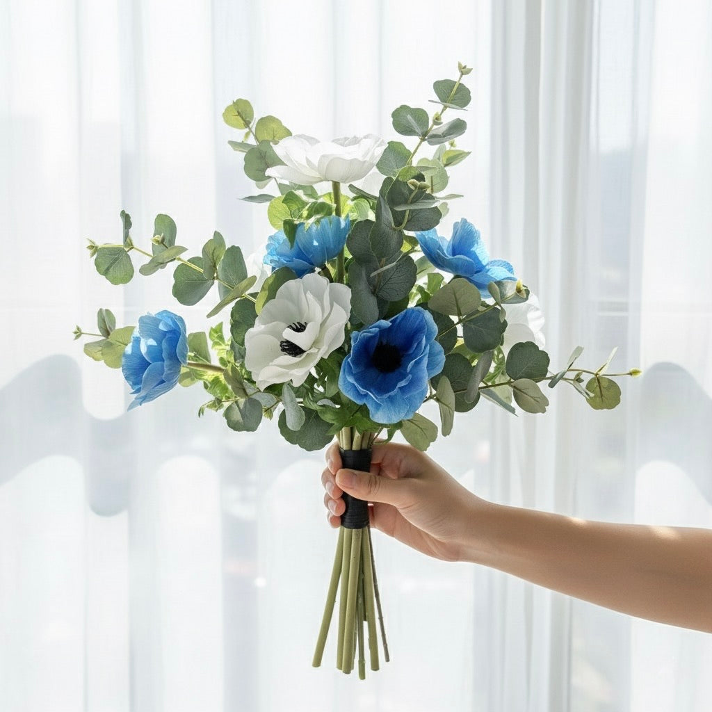 Blue & White Anemone with Eucalyptus Hand-Tied Ready-to-display Silk Floral Bouquet