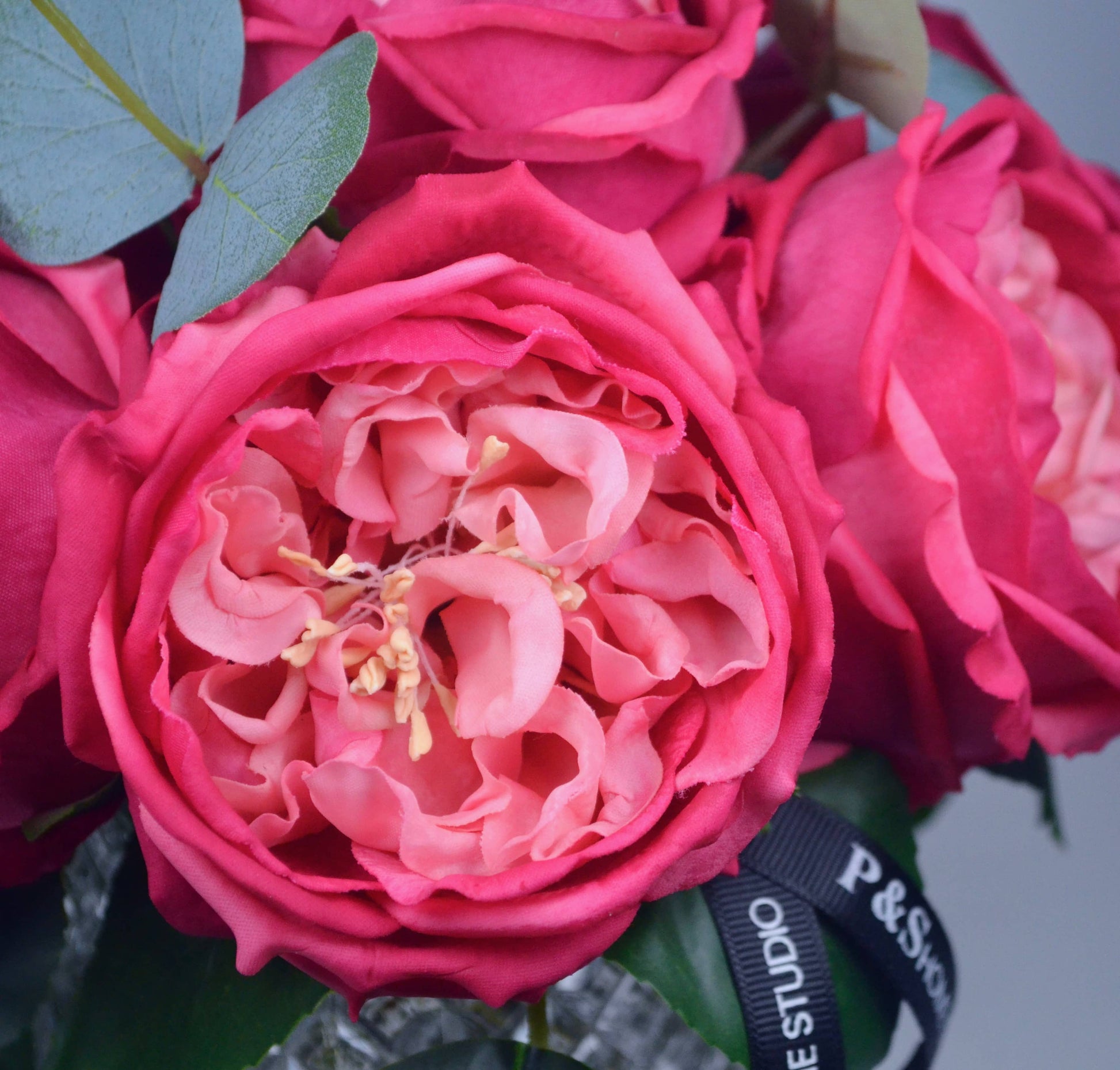 Bouquet of pink flowers with green leaves on a light gray background