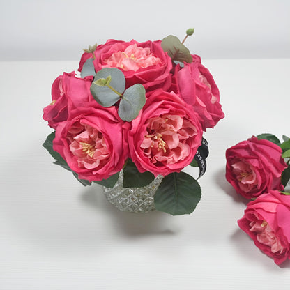 Real Touch Red Austin Rose Arrangements Permanently Set in illusion Water in Glass Vase