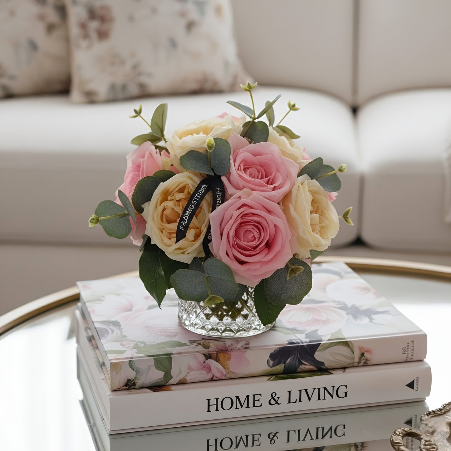 Exquisite Arrangements Real Touch, Pink & Champagne Rose Centrepiece with Eucalyptus