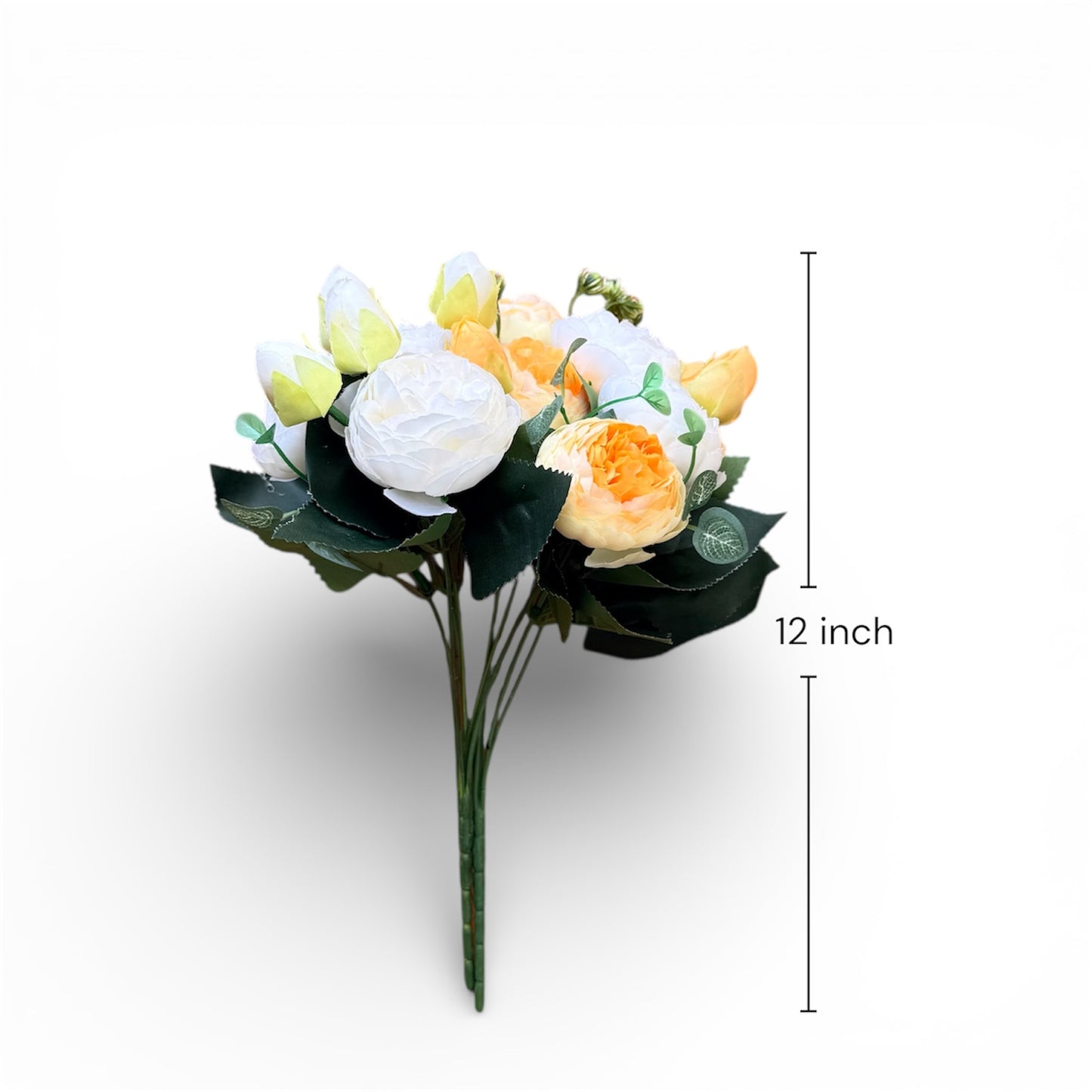 Bouquet of artificial flowers with measurements on a white background