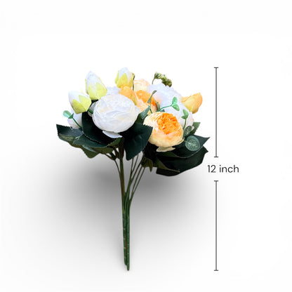 Bouquet of artificial flowers with measurements on a white background