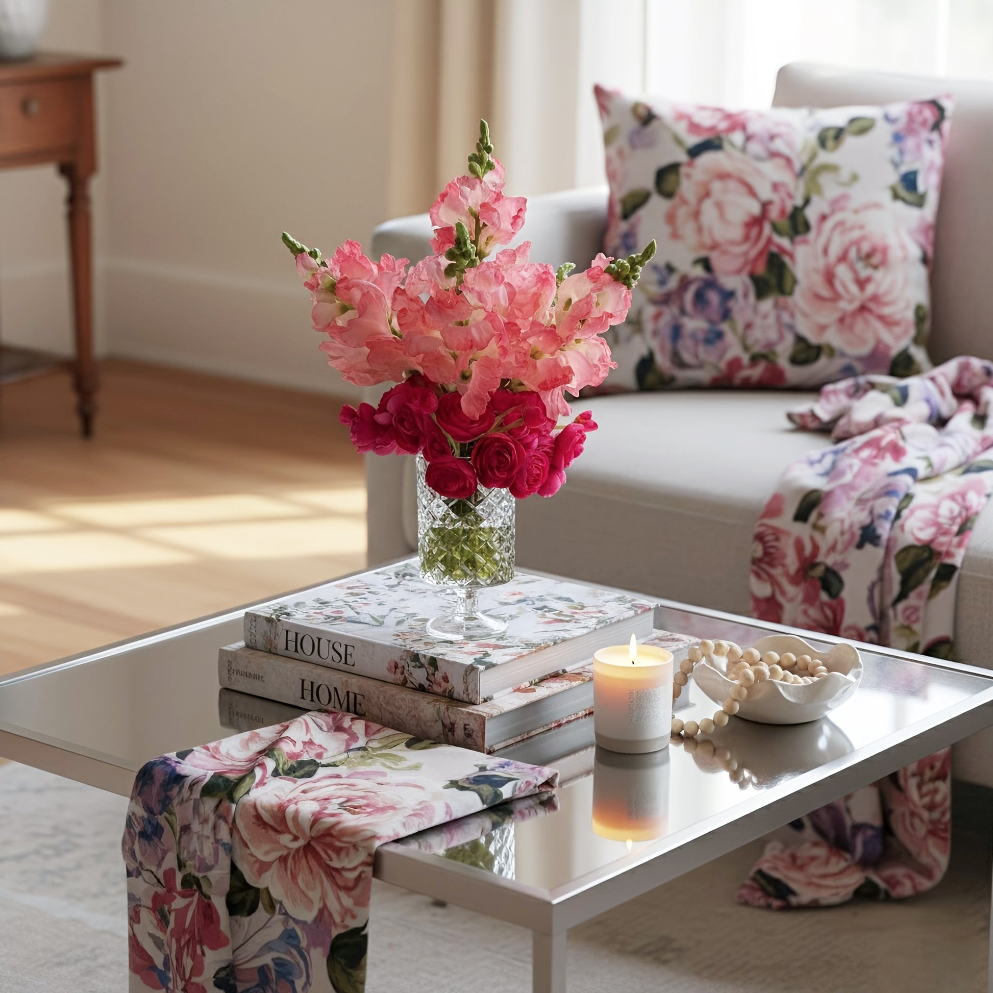 Living room with a coffee table featuring flowers, books, and a candle.