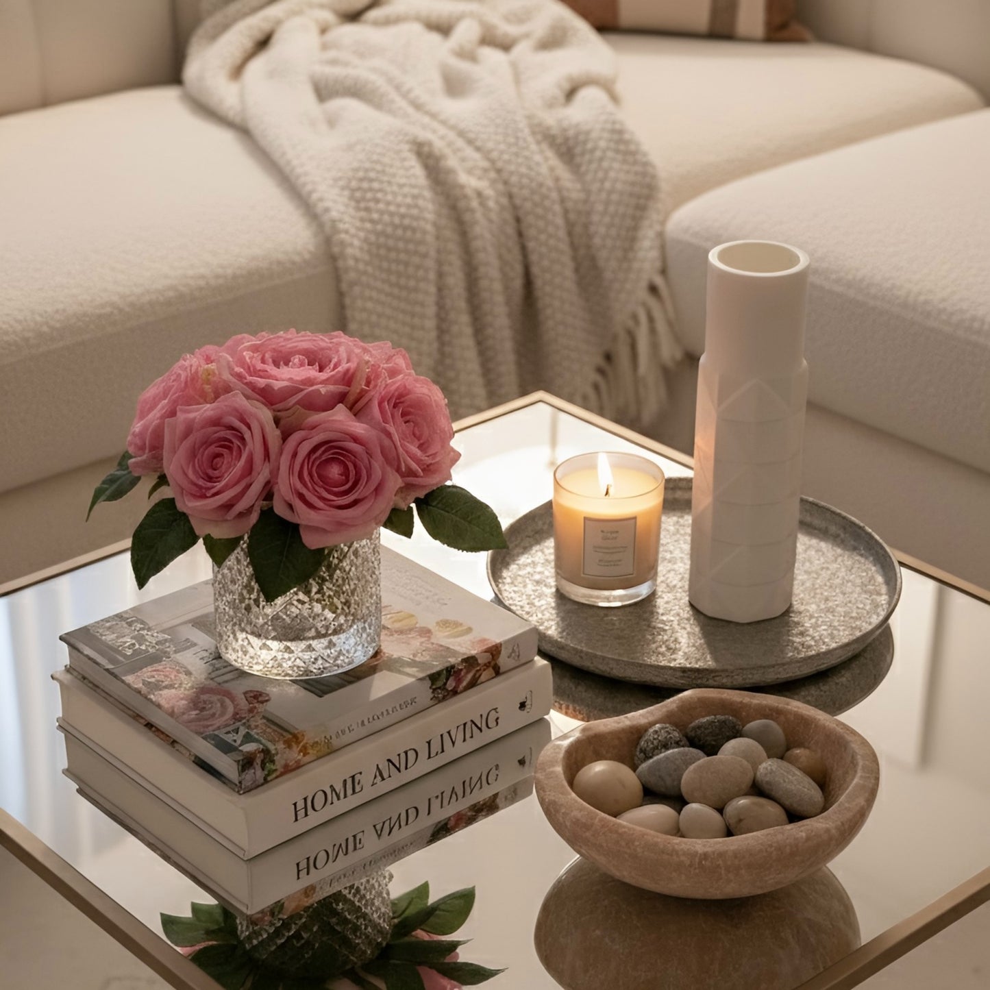 Real Touch Pink Rose Arrangements Permanently Set in Resin illusion Water in Diamond Cut Glass Vase