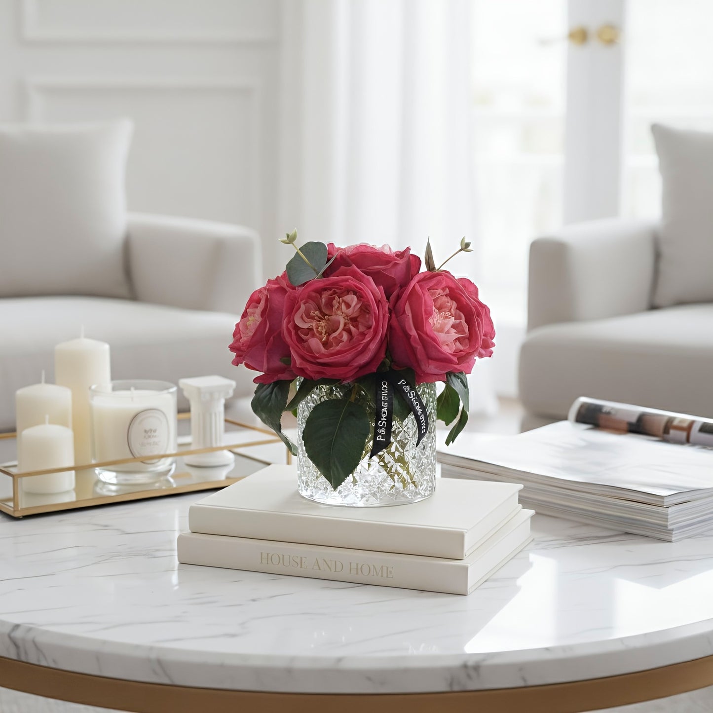 Real Touch Red Austin Rose Arrangements Permanently Set in illusion Water in Glass Vase