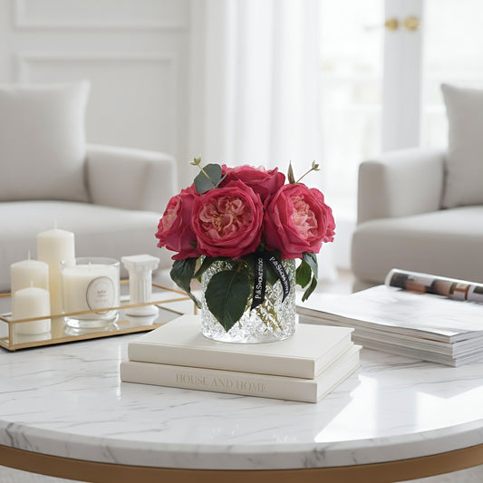 Real Touch Red Austin Rose Arrangements Permanently Set in illusion Water in Glass Vase