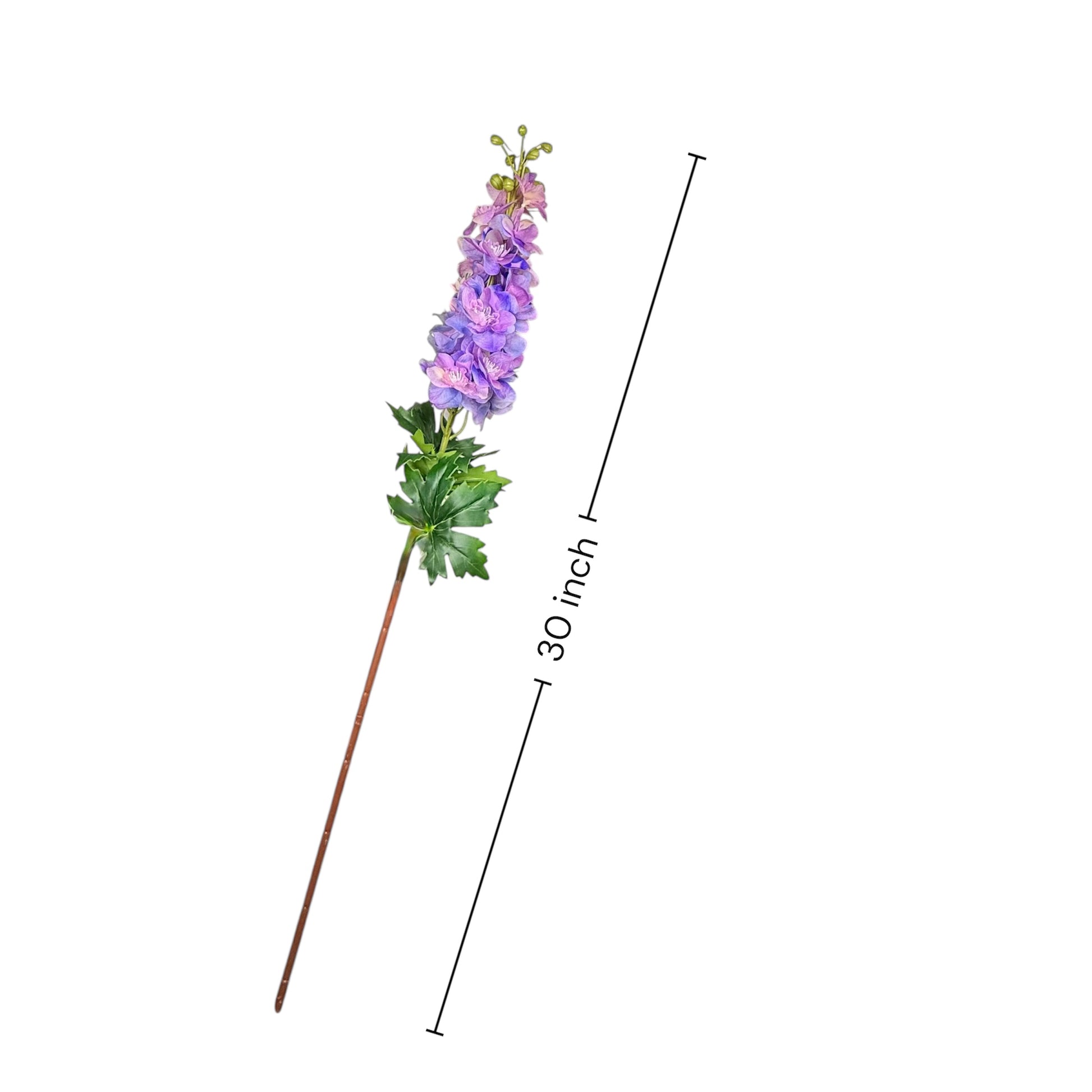 Artificial flower stem with purple flowers and green leaves, 30 inches tall, on a white background.