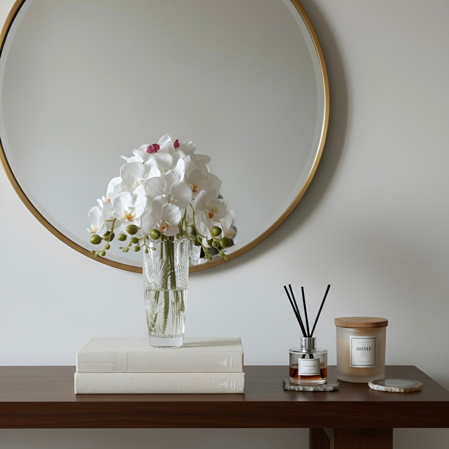 Real Touch White Moth Orchid Arrangements Permanently Set in illusion Water in Glass Vase